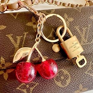 Louis Vuitton Gold Padlock with Red Cherry Charm Key Holder